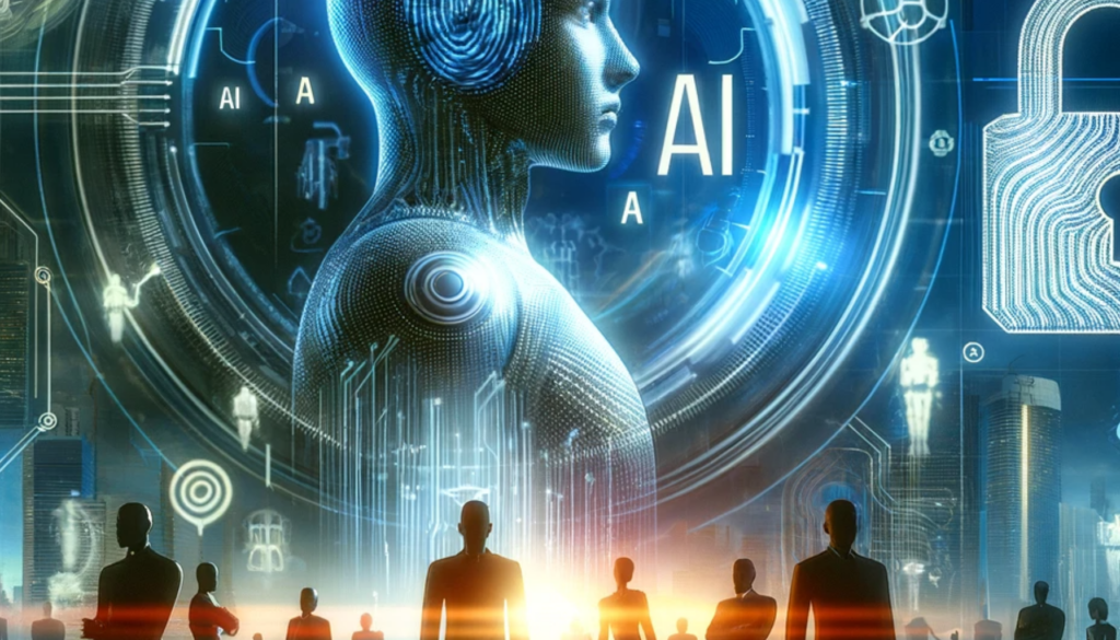 Digital cover image showcasing futuristic cybersecurity trends for 2024 with AI humanoid figure, fingerprint symbol for biometric authentication, and silhouettes of corporate leaders in a digital landscape.