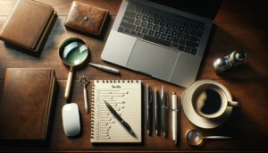 An organized desk with a laptop, notepad, magnifying glass, leather-bound books, wallet, key, pens, coffee cup, and opera glasses on a wooden surface.