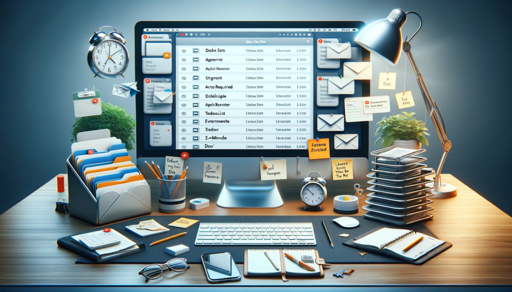 A well-organized desk with a computer screen showing an organized email inbox with labeled folders 'Urgent', 'Action Required', and 'Follow-up', alongside a calendar and task management apps, reflecting strategies for achieving Inbox Zero.